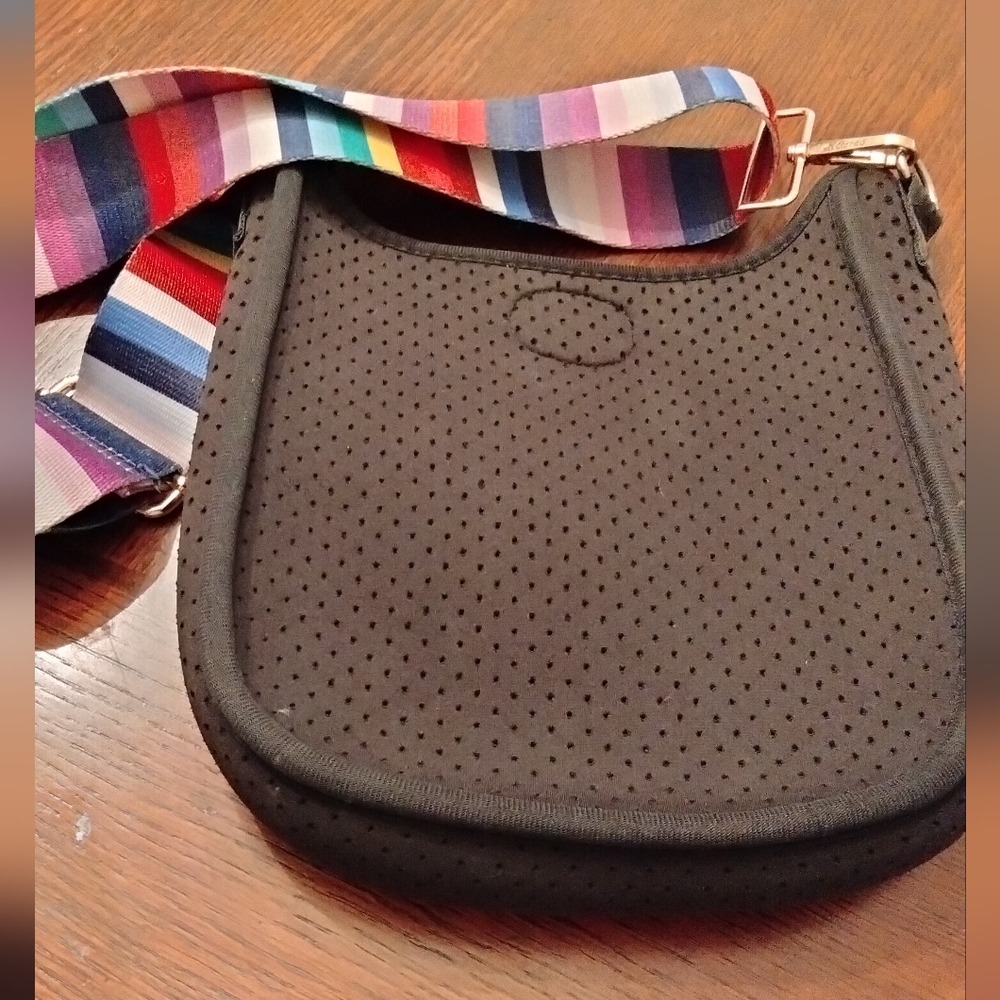 Ah Dorned Stylish Black Perforated Neoprene Women's Bag with Multicolor Strap